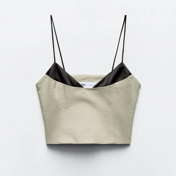 BLOGGER'S FAVE! Zara 2 Piece Flared Pants And Matching Tank Top Set Khaki NWT - Picture 13 of 14